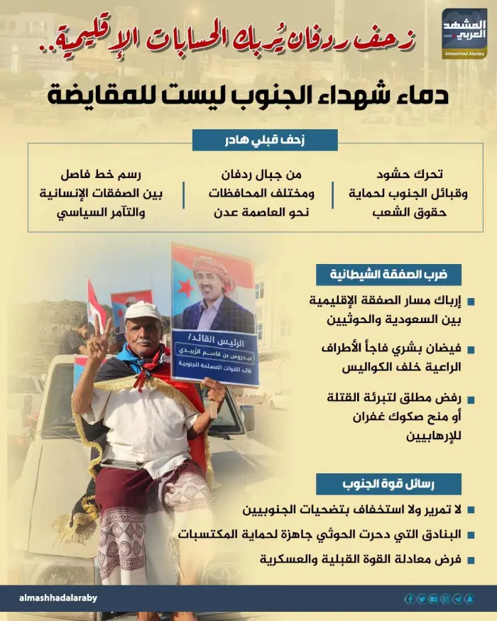 زحف ردفان يربك الحسابات الإقليمية.. دماء شهداء الجنوب ليست للمقايضة (إنفوجراف)