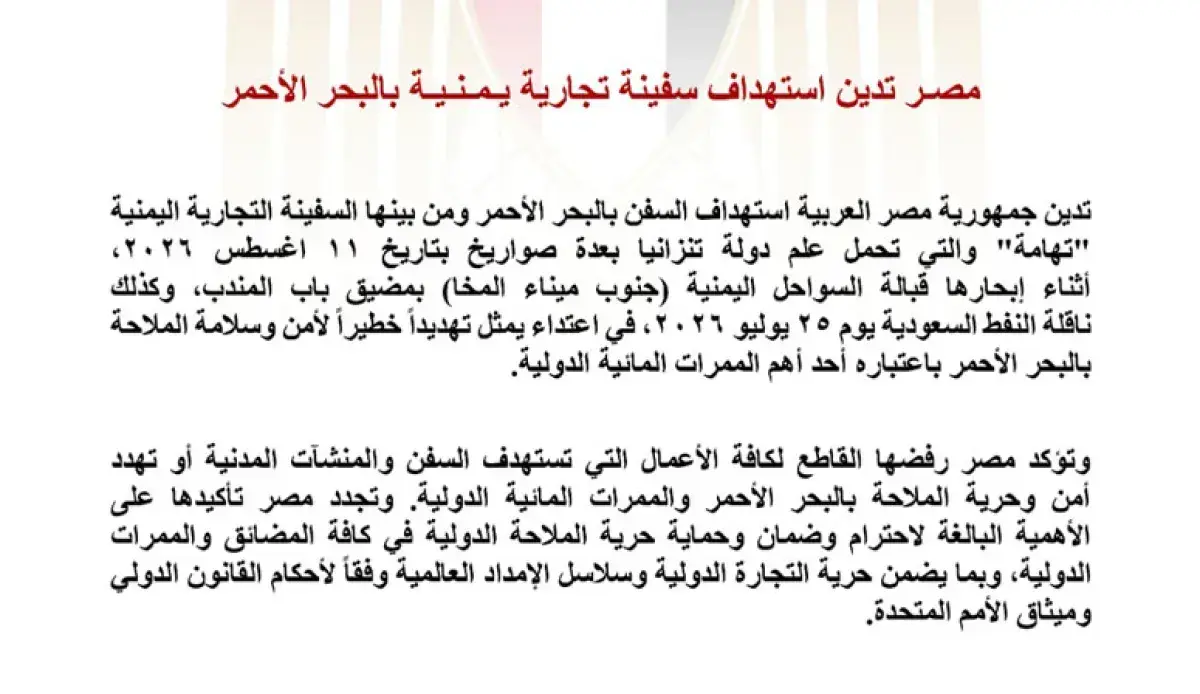 مصر تدين استهداف سفينة تجارية بالبحر الأحمر وتحذر...