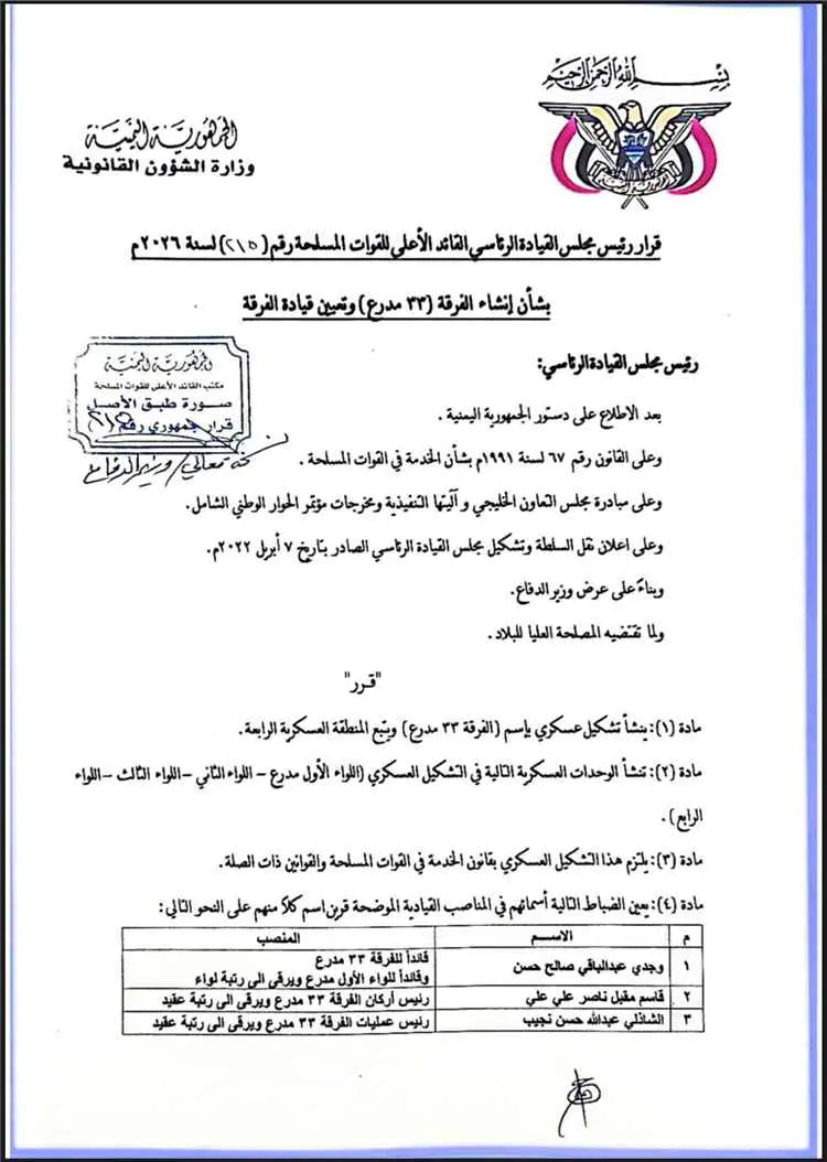 قرار رئاسي بإنشاء الفرقة 33 مدرع وتعيين اللواء وجدي عبدالباقي قائداً لها