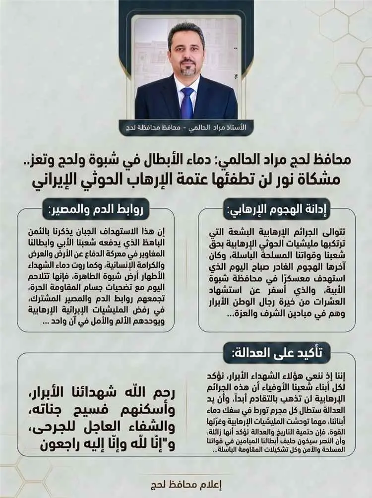 محافظ لحج: دماء الأبطال في شبوة ولحج وتعز.. مشكاة...