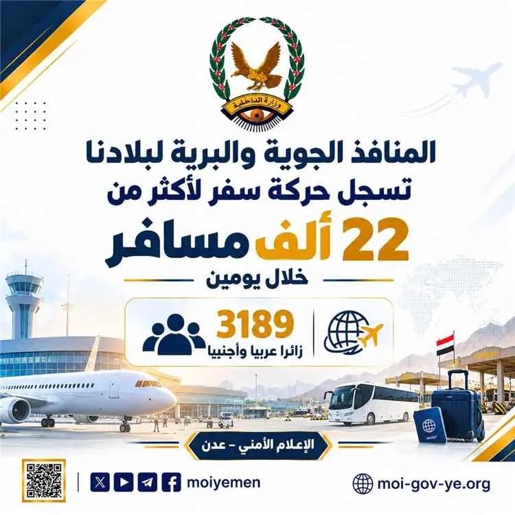 أكثر من 22 ألف مسافر خلال يومين.. حركة نشطة عبر مطاري عدن وسيئون والمنافذ البرية
