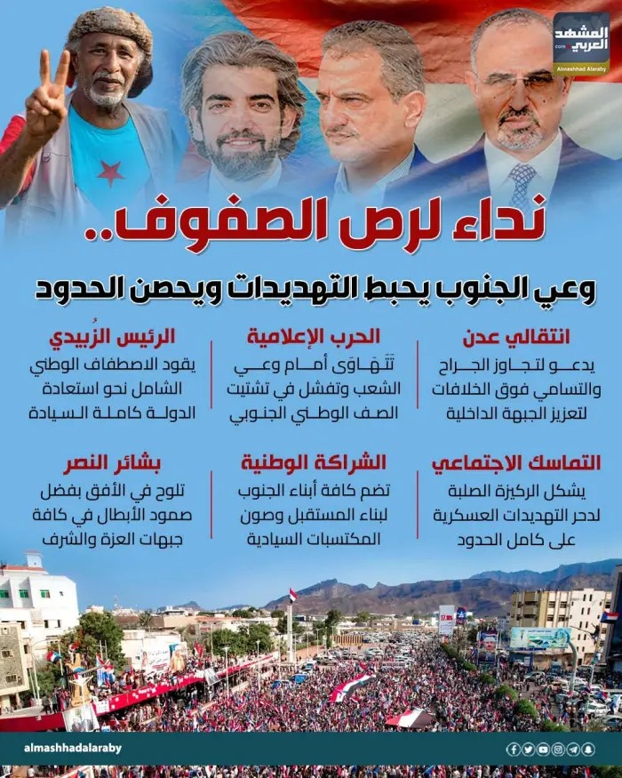 نداء لرص الصفوف.. وعي الجنوب يحبط التهديدات ويحصن...